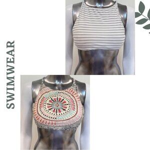 Reversible High-Neck Bikini Top – Boho Mandala & Stripe Print – Size Medium
